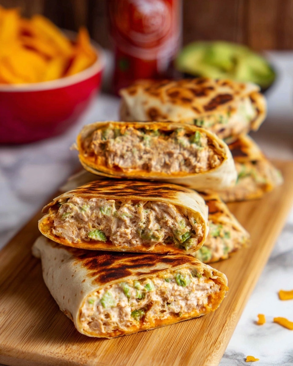 The image shows four folded wraps, each cut in half and arranged in a row on a light wooden board. Each wrap has two layers: a golden brown outer toasted tortilla with char marks, and inside a filling with a creamy, pale pink mixture dotted with small green vegetable pieces and a thin layer of bright orange spread underneath. The light wooden board rests on a white marbled surface. In the background, there is a blurred red bowl filled with orange chips and a red bottle partially visible. photo taken with an iphone --ar 4:5 --v 7