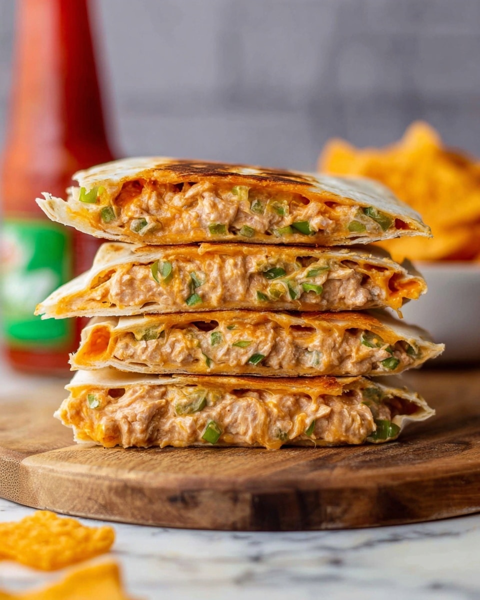 The image shows a stack of four quesadilla halves placed on a wooden board. Each quesadilla has three visible layers: a soft, slightly toasted white tortilla on the outside, a middle layer of bright orange melted cheese or sauce, and a thick creamy filling with small green pieces, likely chopped vegetables or herbs, mixed in a beige-colored spread. The quesadilla edges look soft but slightly crisp. In the background, there is a blurry red bottle with a green cap and some orange chips. The surface beneath the board is a white marbled texture. photo taken with an iphone --ar 4:5 --v 7