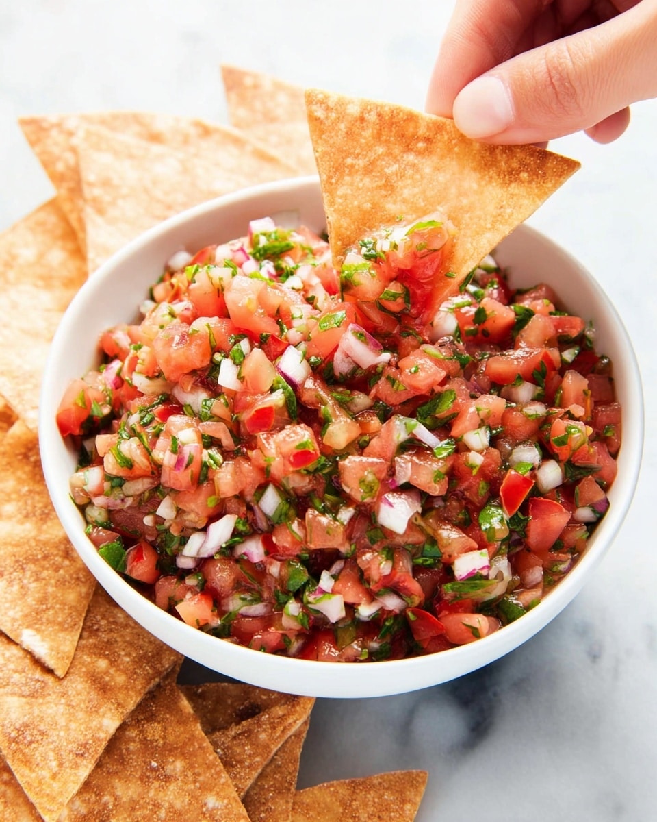 A white bowl filled with fresh salsa made of finely chopped red tomatoes, white onions, and green herbs, showing a mix of small colorful pieces giving a textured look. The salsa fills the bowl to the top, with the pieces visibly moist and fresh. Surrounding the bowl are several triangular toasted chips in a light golden brown color with a slightly rough texture. A woman's hand is holding one of the triangular chips, dipping it into the salsa. The bowl and chips rest on a white marbled surface with soft lighting that highlights the vibrant colors of the ingredients. photo taken with an iphone --ar 4:5 --v 7