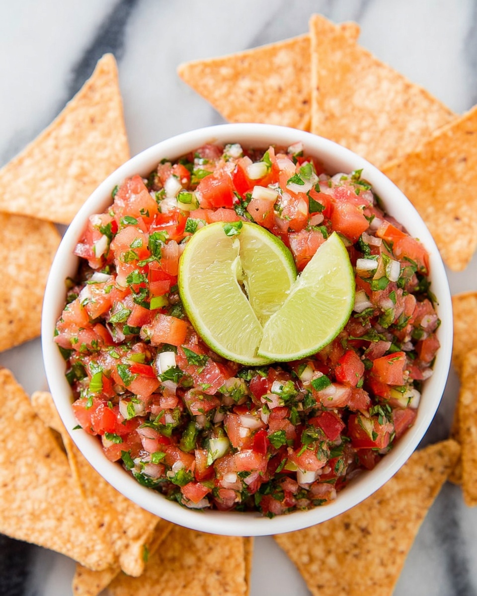A white bowl filled with finely chopped salsa showing layers of red tomatoes, green cilantro, white onions, and small green peppers mixed together, topped with two lime wedges placed on top near the center. The bowl sits on a white marbled surface, surrounded by several triangular, golden-brown chips scattered around it. The colors are bright and fresh. photo taken with an iphone --ar 4:5 --v 7