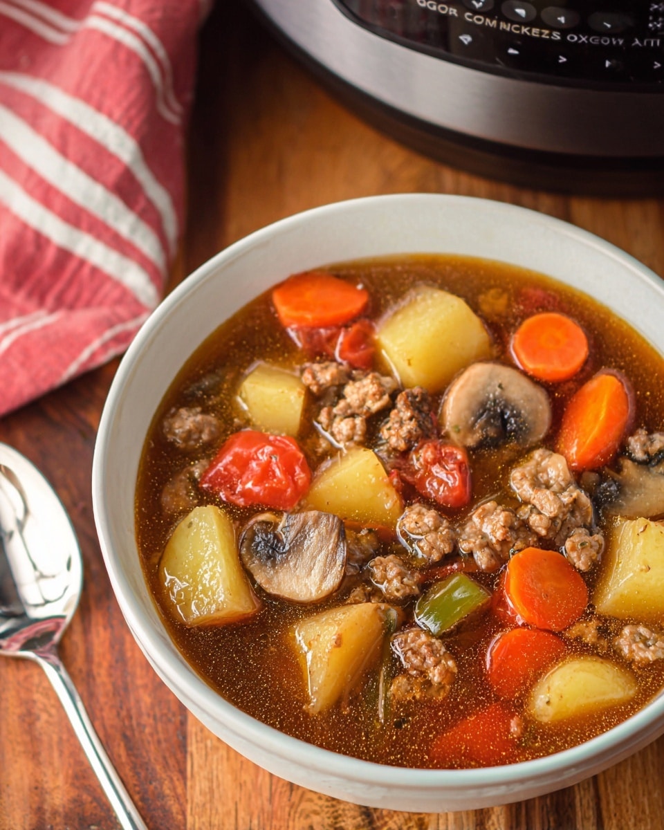 A white bowl with a thin gold rim holds a hearty stew with several visible layers: the base is a dark brown broth filled with small chunks of ground meat, vibrant orange carrot slices, light yellow potato halves, whole brown mushrooms, and pieces of green celery. The ingredients appear thick and chunky, filling the bowl almost to the top. The bowl sits on a warm wooden surface with a white and red striped cloth nearby. A black slow cooker partially visible at the top left corner has the dial set to low heat. Two silver spoons rest on the wood surface at the bottom left, and whole white mushrooms and various potatoes lie scattered on the right side. Photo taken with an iphone --ar 4:5 --v 7