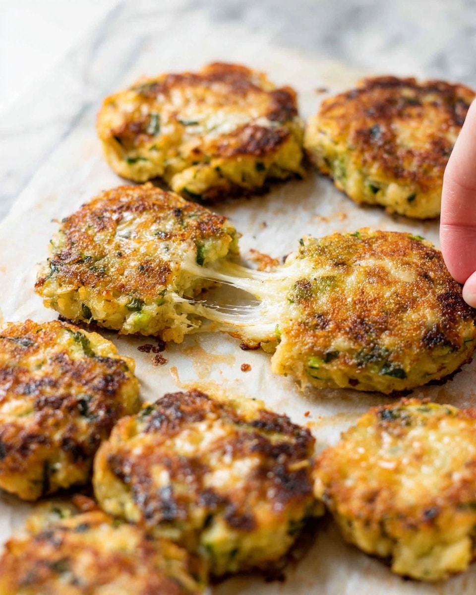 The image shows several golden brown patties with a rough texture, placed on a white marbled surface covered with parchment paper. Each patty is round and slightly thick, showing a mix of green bits, likely herbs or vegetables, and melted cheese that creates some light brown crispy spots on top. One patty is being pulled apart by a woman's hand, revealing a stretchy, melted cheese layer inside. The patties have a crispy, crunchy look with some darker browned edges, while the inside appears soft and moist. Photo taken with an iphone --ar 4:5 --v 7