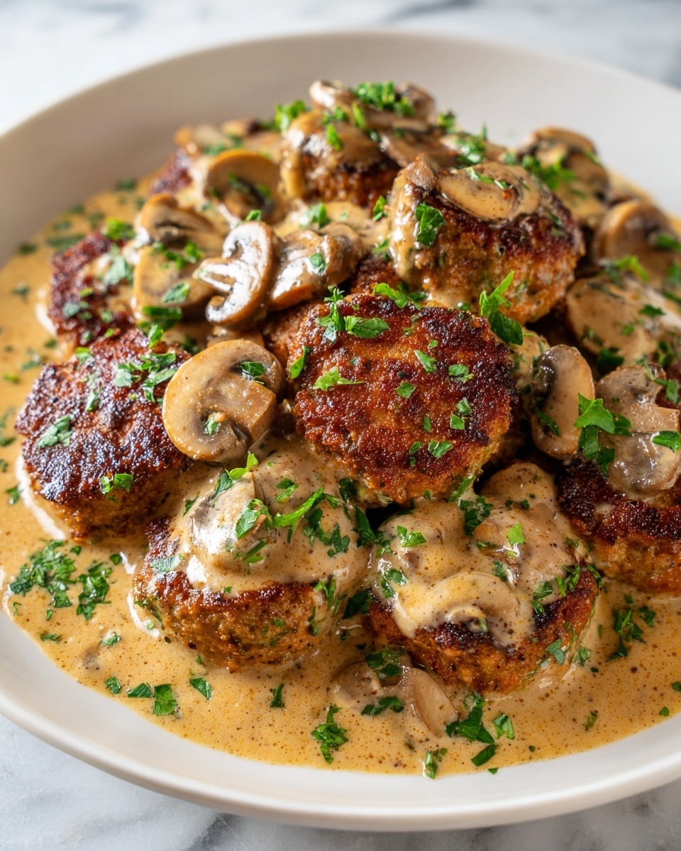This image shows a black pan filled with nine browned round meat patties, each covered with a thick light brown mushroom sauce. The sauce is creamy and smooth, with visible small sliced mushrooms scattered on top of and around the patties. The patties are dark brown and have a slightly crispy texture on the outside. A silver spoon lifts one of the patties, showing more sauce and mushrooms dripping from it. The edges of the pan and a soft beige cloth are visible around it with a white marbled surface underneath. Photo taken with an iphone --ar 4:5 --v 7