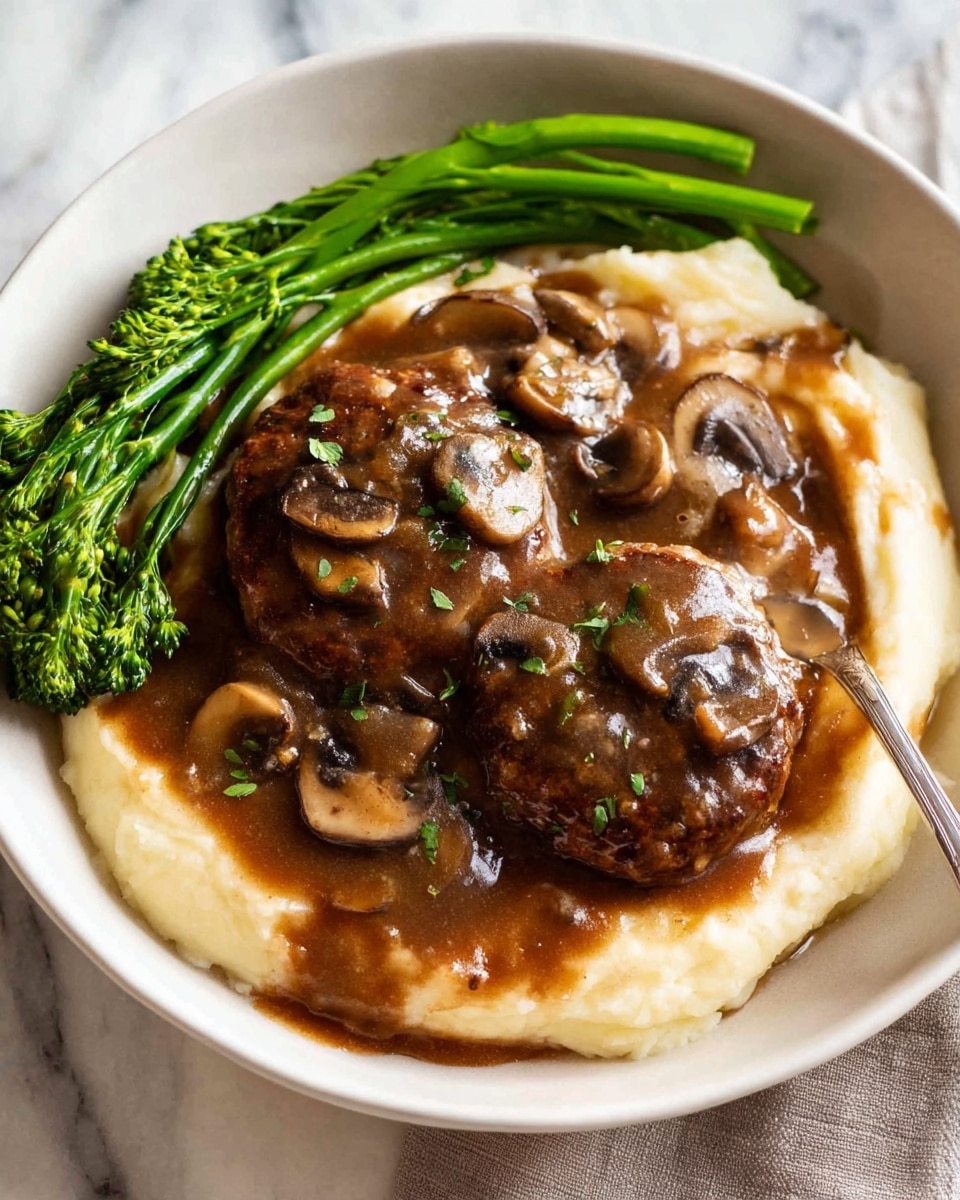 The dish is served in a white bowl placed on a white marbled surface. It has a base layer of creamy mashed potatoes that are smooth and pale in color, filling most of the bowl. On top of the mashed potatoes, there are two round brown patties covered in a thick, glossy brown mushroom sauce. The sauce spreads over the potatoes and the patties, with visible sliced mushrooms scattered around and on top, adding texture. At the top edge of the bowl, there are bright green broccolini stalks, adding a fresh contrast to the dish. A silver spoon is inserted on the left side, partially under the mashed potatoes and mushrooms. Photo taken with an iphone --ar 4:5 --v 7