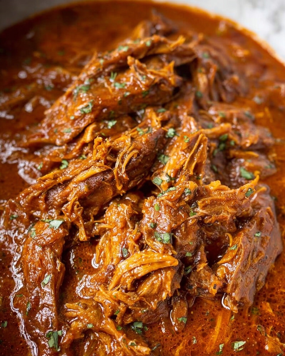 The image shows a close-up of shredded meat covered in a thick reddish-brown sauce. The meat pieces are fibrous and layered unevenly, soaked well in the rich sauce, which has a smooth texture with small bits of herbs sprinkled on top, giving a touch of green contrast. The dish looks warm and moist, filling the frame fully with no visible plate or bowl edges. The background has a white marbled texture. photo taken with an iphone --ar 4:5 --v 7