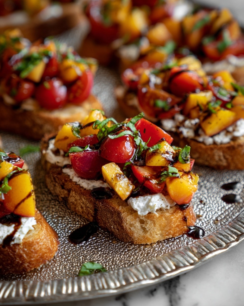 The image shows several pieces of toasted bread, each with three layers: the bottom layer is a light brown crunchy toast slice, the middle layer is a soft white spread of cheese, and the top layer is a mixture of small yellow peach chunks and red cherry tomato halves with green fresh herb pieces scattered on top. There are thin dark brown drizzles of balsamic glaze over the fruit and cheese, adding shine and contrast. All the pieces sit on a textured silver round tray with visible patterns and reflections. The background is a white marbled surface. photo taken with an iphone --ar 4:5 --v 7