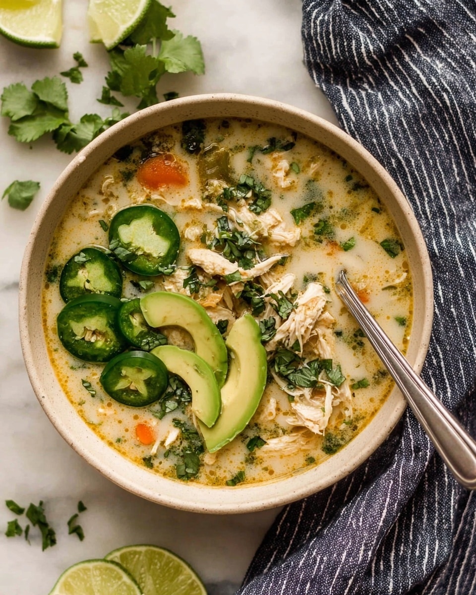 A beige bowl filled with creamy chicken soup showing shredded chicken and pieces of carrot, topped with three layers of sliced green jalapeño rings on the left side and an avocado fan with five light green slices on the right. Fresh chopped green herbs are scattered across the soup. A silver spoon rests inside the bowl on the right side. The bowl is placed on a white marbled surface with a navy blue and white striped cloth beneath it. Halves of lime and some fresh herbs sit nearby. Photo taken with an iphone --ar 4:5 --v 7