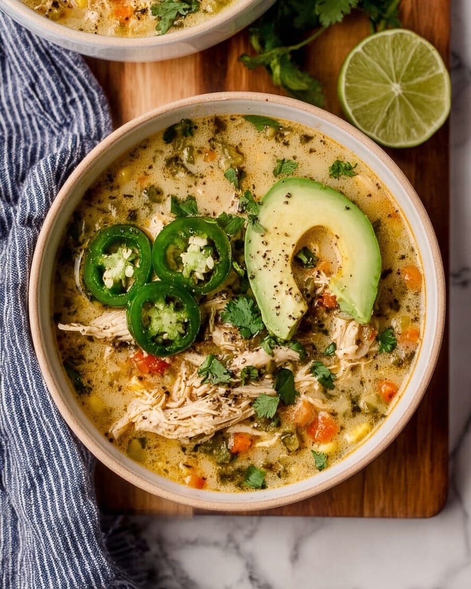 A bowl filled with a creamy soup showing shredded light brown chicken pieces mixed with diced orange and green vegetables in a thick broth with green herbs sprinkled throughout. On top, there are three circular slices of bright green jalapeño peppers and a thin curved slice of pale green avocado sprinkled with black pepper, along with fresh green cilantro leaves. The bowl is white with a subtle beige rim and sits on a wooden board next to a lime wedge and a blue and white striped cloth, all set on a white marbled surface. photo taken with an iphone --ar 4:5 --v 7