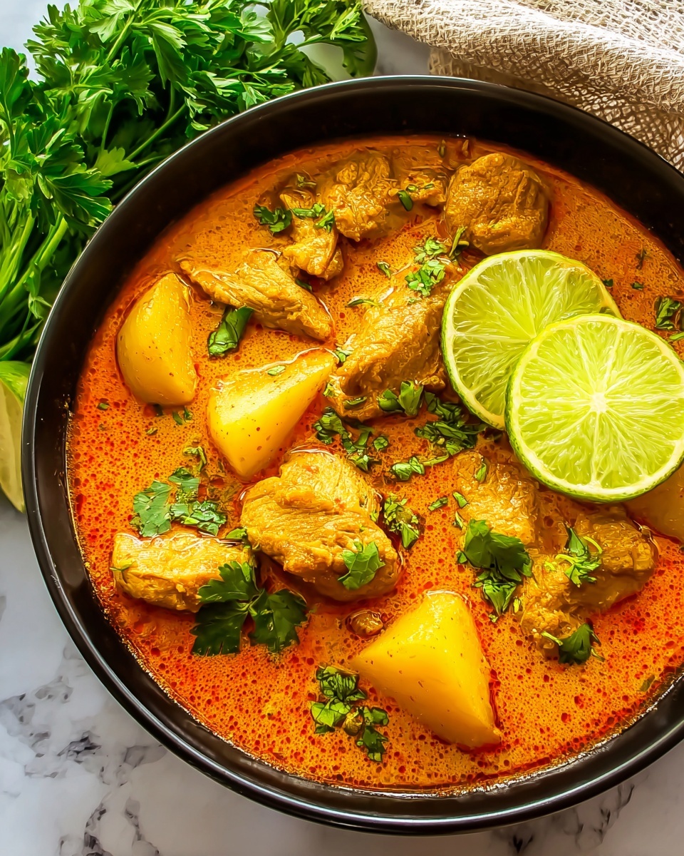 A black bowl filled with rich orange curry that has a smooth and slightly thick texture, containing several pieces of light yellow cooked meat and small chunks of potato. The curry is garnished with fresh green cilantro leaves scattered on top and two slices of bright green lime resting on the surface. The bowl sits on a white marbled surface with a small bunch of fresh parsley and a beige cloth napkin nearby. The scene is bright with natural light showing the vibrant colors and textures of the dish. photo taken with an iphone --ar 4:5 --v 7