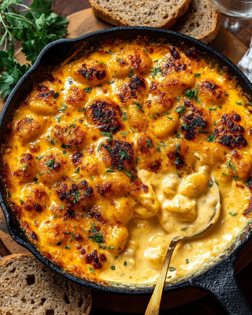 The dish is a baked casserole in a round black pan with a slightly raised edge. The top layer is thick and bubbly with a golden brown and bright yellow cheese crust mixed with browned, crispy spots, and a sprinkling of lightly toasted breadcrumbs and small green herb flakes. The texture shows a rich, creamy surface with melted cheese patches bubbling across the top. The pan is placed on a wooden surface with green leaves on the side and a dark green cloth partially visible at the bottom right. The cozy look of the casserole suggests a warm, cheesy meal photo taken with an iphone --ar 4:5 --v 7
