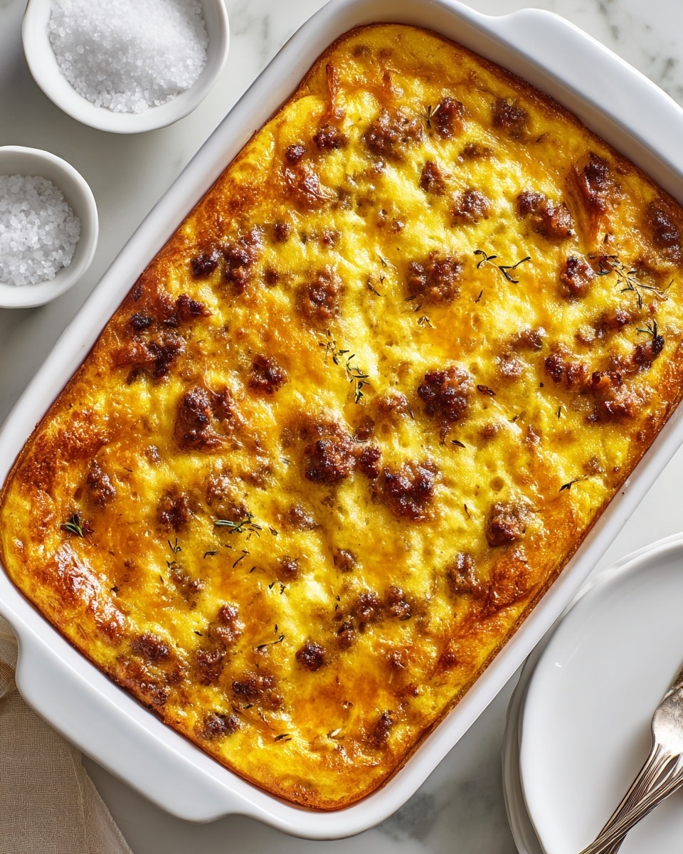 A white baking dish filled with a baked casserole that has a golden-yellow top layer with browned crispy spots and small bits of darker browned pieces scattered throughout. The casserole surface looks bubbly and slightly textured with some uneven raised areas. The dish is placed on a white marbled surface, with a small white bowl of coarse salt on the top left and a white plate with a fork partially visible on the bottom right. Photo taken with an iphone --ar 4:5 --v 7