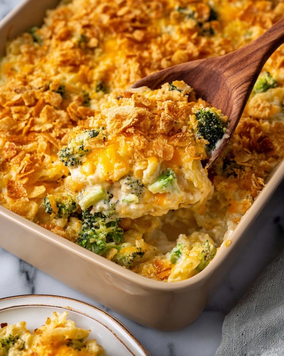 The dish is a creamy broccoli and cheese casserole in a beige baking dish, with a wooden spoon scooping out a portion. The top layer is golden brown and crunchy, made of melted cheddar cheese and crushed crackers or crumbs, with small green broccoli pieces visible. Beneath this is a thick, creamy layer of pasta mixed with more broccoli and cheddar cheese, showing a soft, smooth texture. The casserole sits on a white marbled surface with part of a white plate filled with some of the casserole seen at the bottom right corner. Photo taken with an iphone --ar 4:5 --v 7