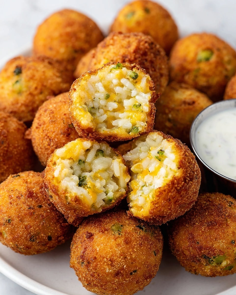 A close-up view of small round fried rice balls stacked on a white plate on a white marbled surface. Each ball has a crispy golden-brown outer layer with a rough texture. One rice ball is broken in half, revealing a soft, creamy inside filled with white rice grains, melted yellow cheese, and small green bits, likely broccoli, mixed throughout. On the left side, there is a small round white cup filled with a thick white dipping sauce. Photo taken with an iphone --ar 4:5 --v 7