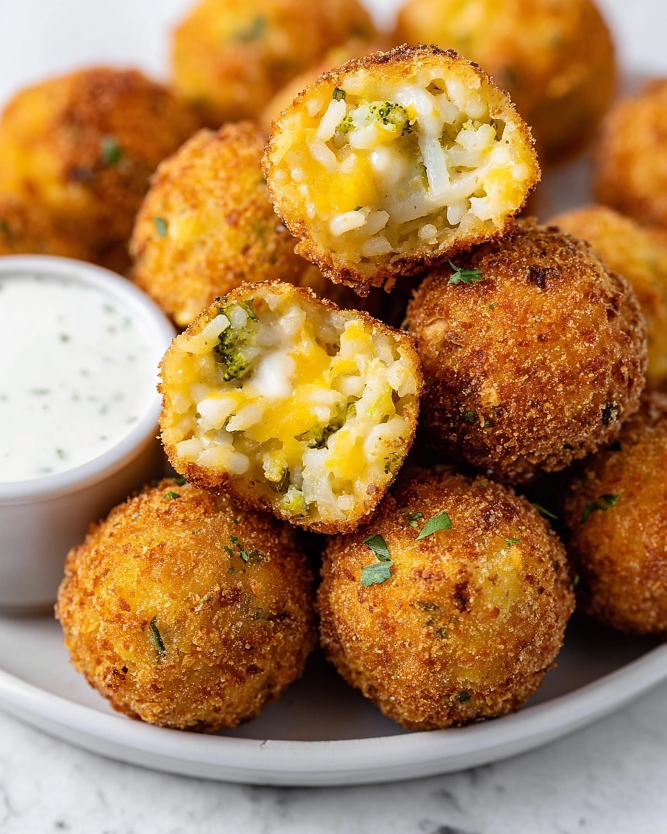 A white plate filled with round, golden-brown crispy balls stacked together, each with a crumbly textured exterior. One ball is cut in half and placed on top, showing a soft inside with a mix of yellow corn, white rice-like grains, and tiny green herbs. Next to the balls, there is a small silver cup filled with white creamy sauce. The plate is placed on a white marbled surface. photo taken with an iphone --ar 4:5 --v 7
