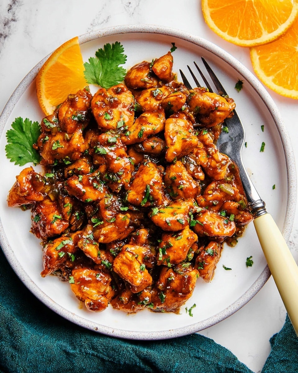 A white round plate sits on a white marbled surface filled with small, glossy chunks of cooked chicken covered in a shiny, dark orange-brown sauce and sprinkled evenly with finely chopped green herbs. Two whole cilantro leaves are placed on top near the center for garnish. A small wedge of orange rests on the edge of the plate to the left. A silver fork with a cream-colored handle lies on the right side of the plate, partially touching the chicken. In the top right corner, two orange slices are partly visible, and a dark green cloth napkin is draped below the plate on the bottom right side. Photo taken with an iphone --ar 4:5 --v 7