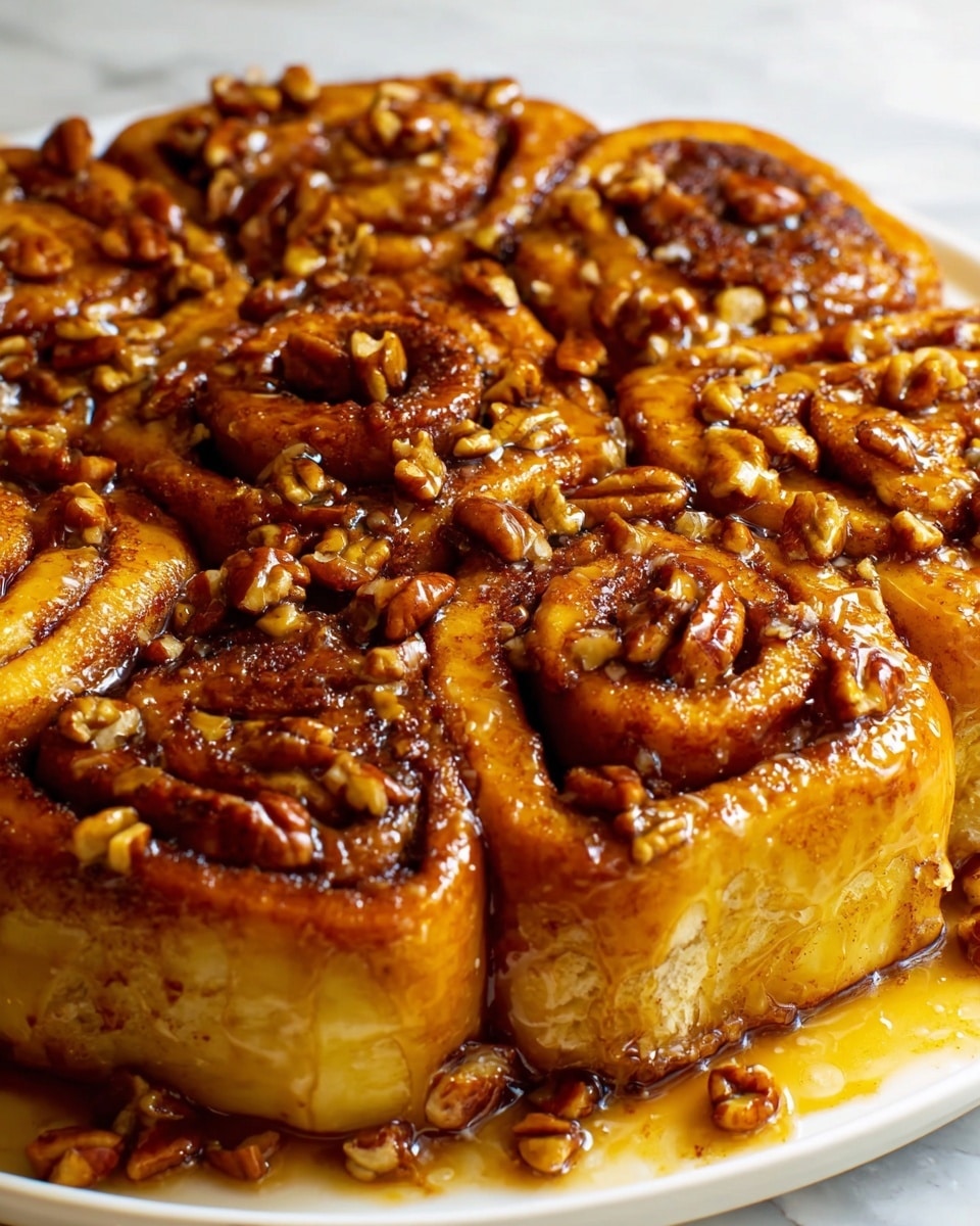 The image shows a round cake made of cinnamon rolls arranged closely together on a white plate. The cake has one visible layer, with golden-brown cinnamon rolls that have swirled patterns on top. The cinnamon rolls are covered with a sticky syrup that gives a shiny look, and chopped pecans are spread evenly over the top, adding texture with their dark brown color. The syrup has spilled slightly onto the plate, blending with the white marbled surface below. Photo taken with an iphone --ar 4:5 --v 7