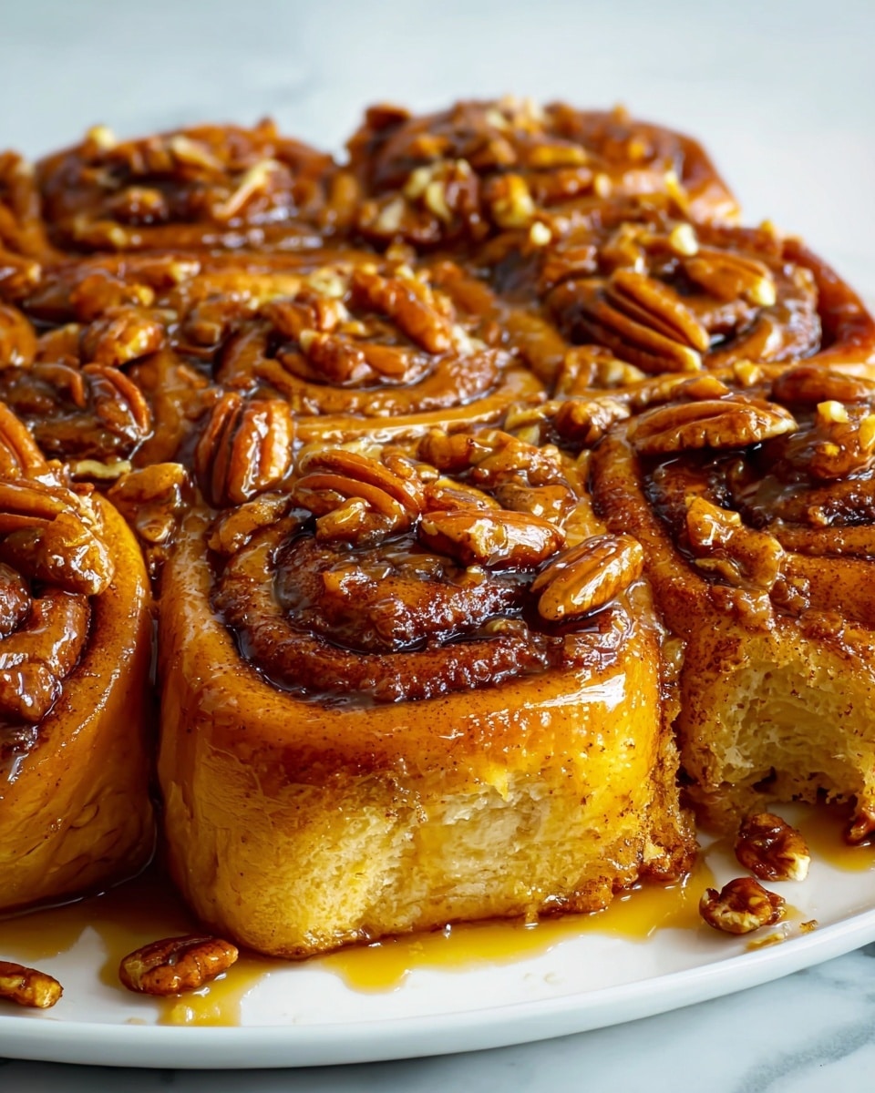 The image shows a close-up view of a batch of nine cinnamon rolls arranged in a 3 by 3 grid on a white plate, placed on a white marbled surface. Each roll has two visible layers: a soft, light brown dough base rolled with a darker cinnamon filling spiraled inside, and the top covered with a shiny glaze that makes the rolls look sticky and moist. Large pieces of pecans are scattered generously over the glaze, adding a rich texture and darker brown color contrast. Syrup drips down the sides and pools slightly around the bottom of the rolls, enhancing the sticky, glossy look. The sides of the rolls show a fluffy, raised texture, and the overall warm tones give a fresh, just-baked feeling. Photo taken with an iphone --ar 4:5 --v 7