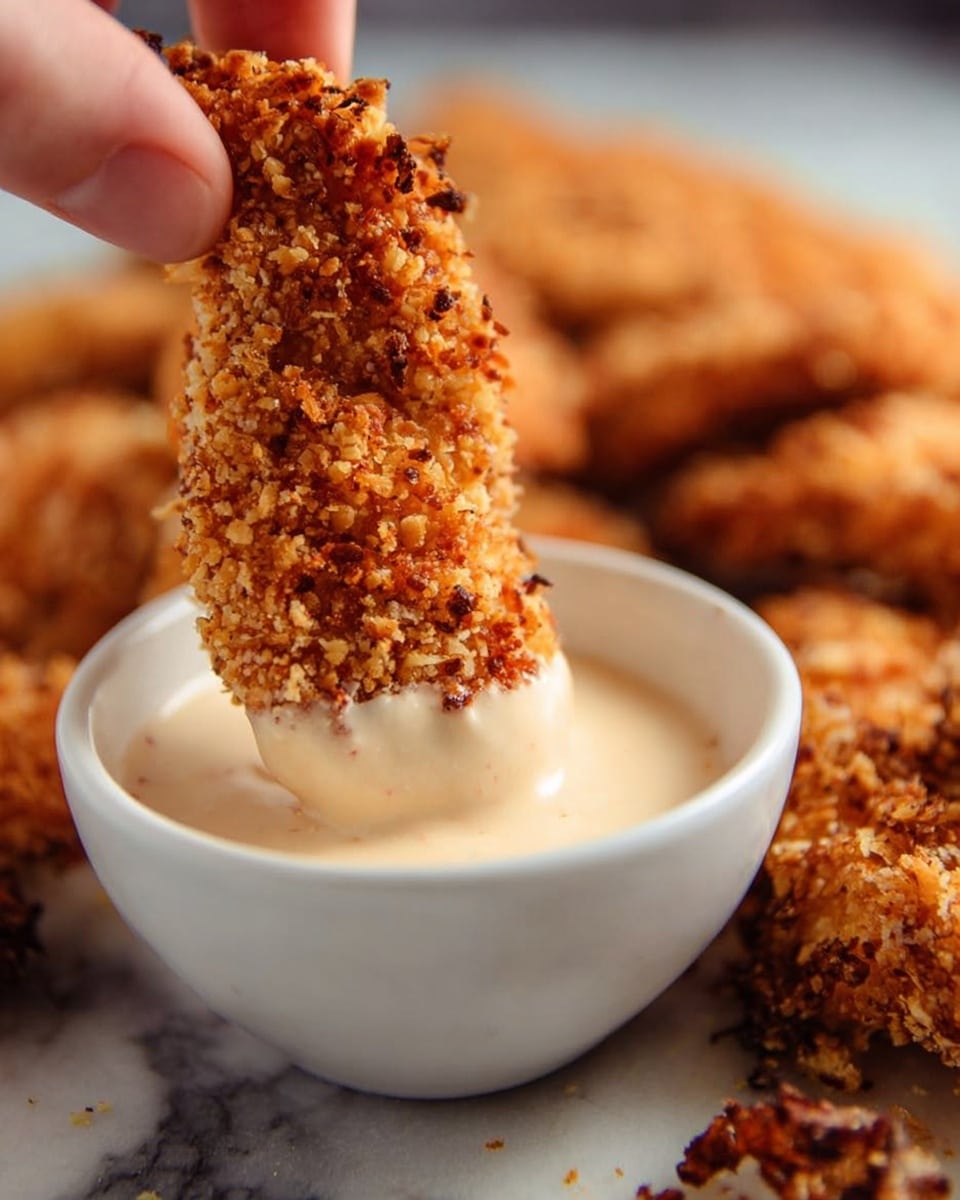 A close-up image shows a woman's hand holding a crispy, golden-brown breaded chicken strip being dipped into a small white bowl filled with creamy, light beige sauce. The chicken strip has a textured, crunchy surface with a mix of lighter and darker browns, and the sauce clings slightly to its tip. In the blurred background, there are more pieces of the same breaded chicken on a white marbled surface. The lighting highlights the contrast between the crunchy coating and the smooth sauce. photo taken with an iphone --ar 4:5 --v 7