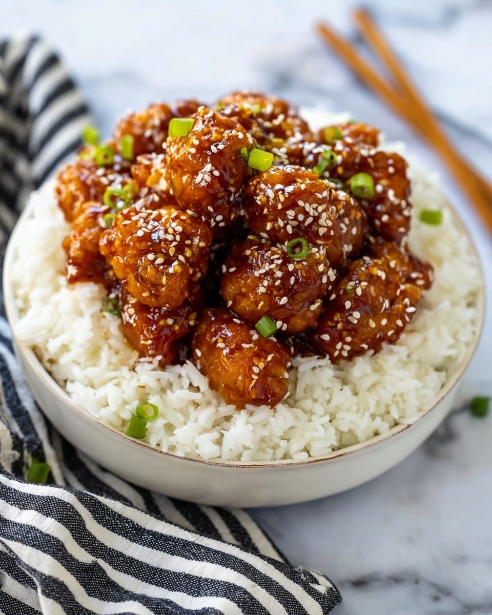 A white bowl is filled with a base layer of fluffy white rice, and on top sits a pile of golden-brown pieces coated in a thick, shiny, dark reddish-brown sauce. The sauce looks sticky and is covered with white sesame seeds and small pieces of bright green chopped green onions, adding contrast. The bowl is placed on a white marbled surface with a black and white striped cloth next to it, and a pair of wooden chopsticks lies in the background. photo taken with an iphone --ar 4:5 --v 7