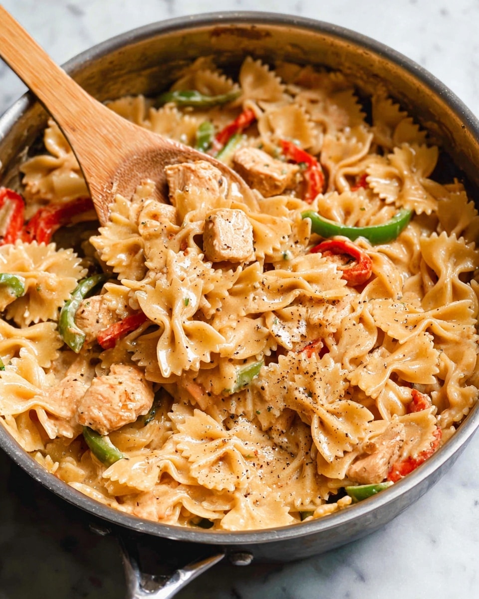 The image shows a pan filled with creamy pasta made from bow-tie shaped noodles. The pasta is light brown and covered with a smooth sauce. Mixed inside are small pieces of chicken and colorful slices of vegetables including green and red bell peppers. The pasta looks soft and is sprinkled lightly with black pepper. A wooden spoon is stirring the pasta, lifting some noodles and chicken from the pan. The pan is silver and placed on a white marbled surface. photo taken with an iphone --ar 4:5 --v 7