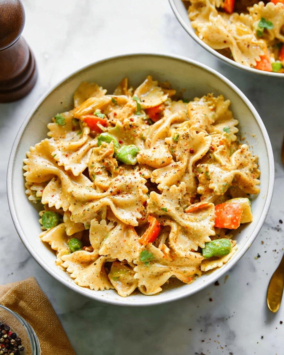 A white bowl filled with farfalle pasta mixed with pieces of green and orange vegetables and small beige chunks, all coated in a light creamy sauce with a sprinkle of spices on top. The pasta bows are the main layer, spread evenly throughout the bowl, with the vegetable pieces scattered among them, giving a mix of colors and textures. The background is a white marbled surface with some light seasoning scattered around and a pepper grinder close to the bowl. Another white bowl with the same pasta dish is partially visible in the background. Photo taken with an iphone --ar 4:5 --v 7