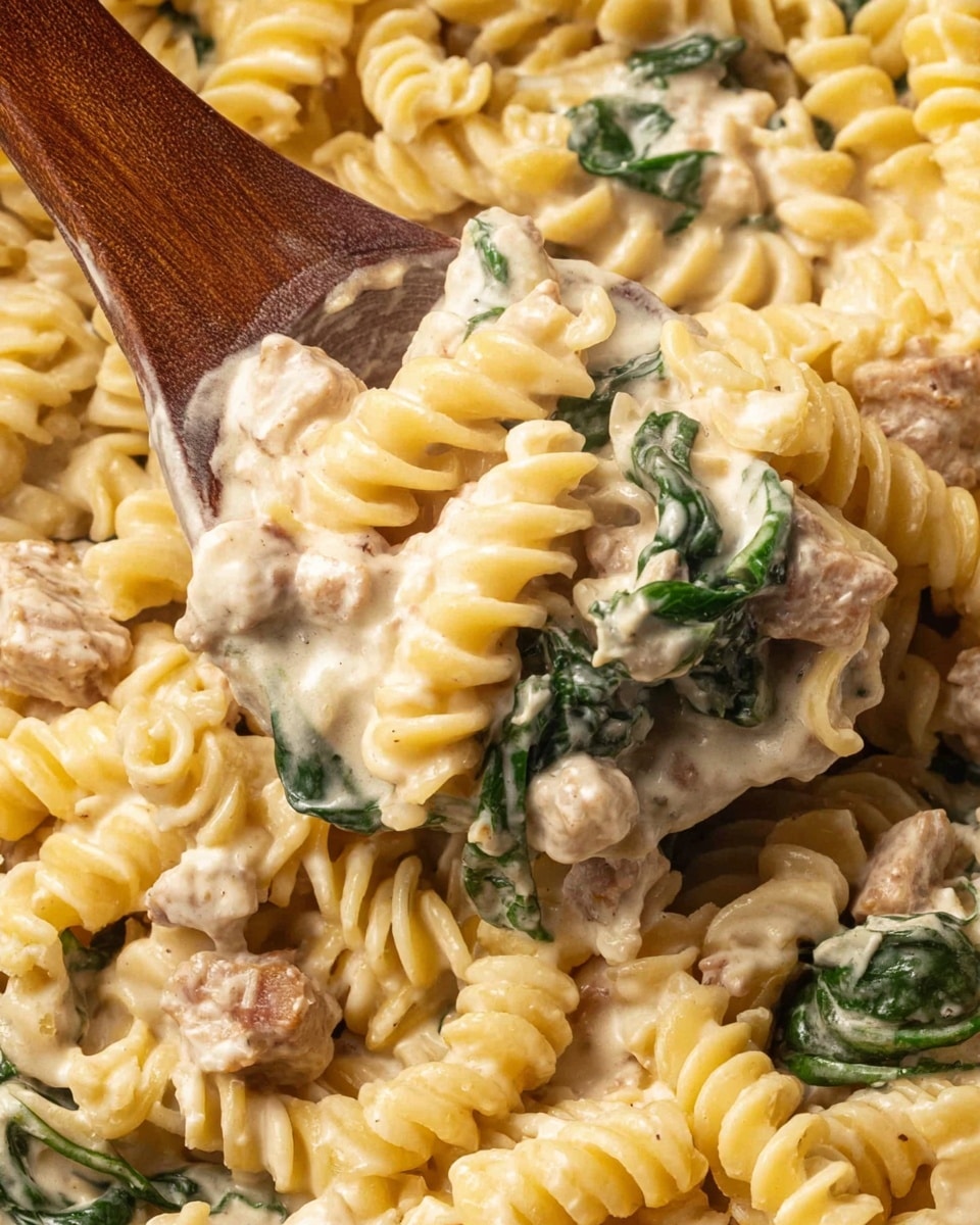 A close-up of creamy pasta with three main layers: soft yellow spiral pasta forming the base, a thick creamy white sauce coating the pasta, and pieces of light brown cooked meat mixed with green leafy vegetables scattered throughout. A wooden spoon lifts a scoop showing the creamy texture and the mix of ingredients clearly. The background has a white marbled texture. photo taken with an iphone --ar 4:5 --v 7
