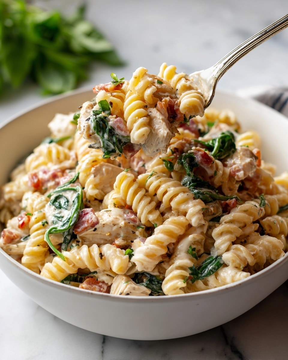 A white bowl filled with creamy pasta sits on a white marbled surface. The pasta is rotini, light yellow in color, mixed with pieces of white chicken, dark green spinach leaves, and small bits of pinkish-red bacon or ham. The creamy sauce coats all the ingredients, giving the pasta a smooth, rich texture. A woman's hand holds a silver fork that is lifting a portion of the pasta, showing an appetizing mix of all the ingredients. In the background, some green herbs add a fresh touch to the scene. Photo taken with an iphone --ar 4:5 --v 7