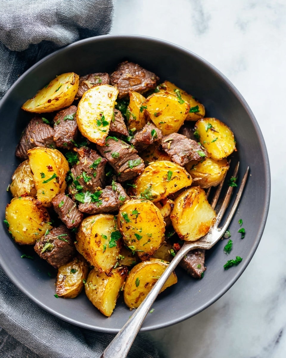 This image shows a close-up of a dish with two layers mixed together: golden brown roasted potato chunks with slightly crispy edges and tender brown beef pieces with a seared surface. Both layers are sprinkled with fresh green herbs and black pepper, adding small specks of texture. The potatoes are soft with a slightly rough skin texture, and the beef looks juicy with some lighter fat spots. The whole mixture is sitting on a white marbled surface, creating a warm and hearty look. photo taken with an iphone --ar 4:5 --v 7