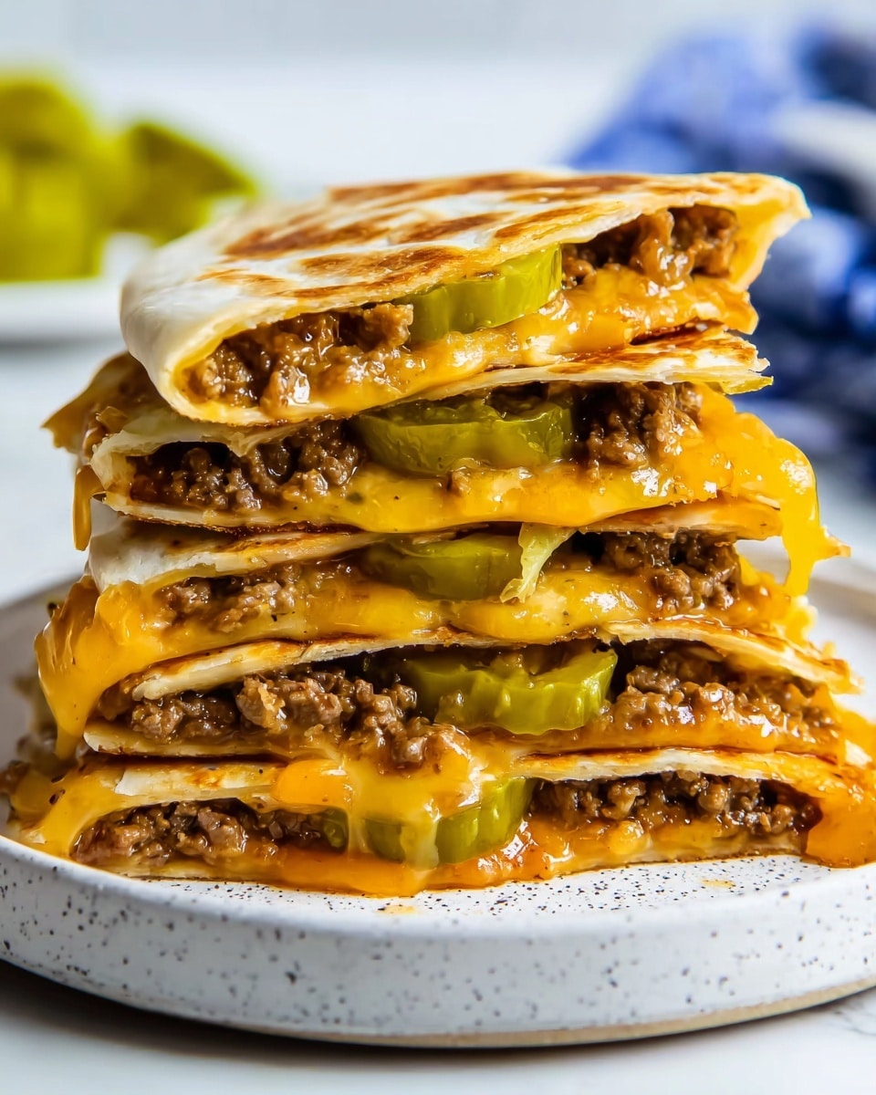 A stack of four triangular quesadilla slices sits on a plain white plate, each slice having a golden-brown crispy tortilla exterior. Inside each layer, there is melted bright orange cheese mixed with dark brown cooked ground beef and green pickled peppers. A creamy light brown sauce drips down the top slice, adding a smooth texture contrast. The stack leans slightly to one side, making the layers clear and inviting. The background has a soft focus with a white marbled surface. photo taken with an iphone --ar 4:5 --v 7
