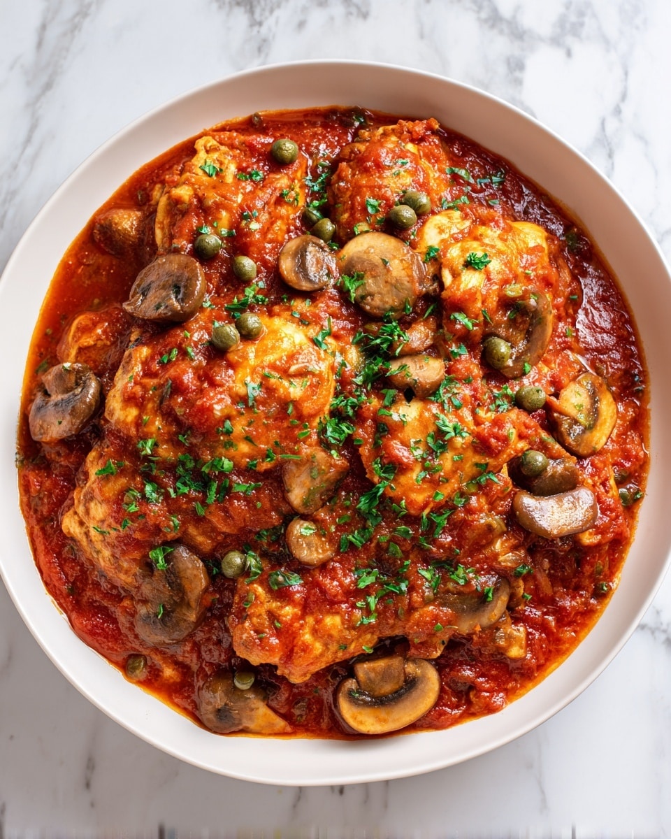 The image shows slices of cooked chicken covered in a thick, red tomato sauce. The chicken pieces are light golden brown and soft textured, scattered throughout the sauce. Sliced brown mushrooms are mixed in between the chicken, showing both whole and halved pieces, creating a varied texture. Small green capers are spread across the dish, adding small round shapes. Tiny bits of fresh green herbs are sprinkled on top, adding a pop of color against the red sauce. The whole dish fills a shallow white bowl with a slightly glossy look, all set on a white marbled surface. photo taken with an iphone --ar 4:5 --v 7