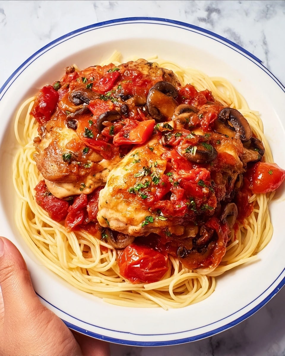 A white plate with a blue rim holds a dish of spaghetti on the bottom layer, with long, smooth, light yellow noodles spread evenly. The second layer is a chunky tomato sauce mixed with dark brown mushroom slices and bright red tomato pieces, some sprinkled with green herbs. On top of the sauce are two large pieces of cooked chicken with a light brown, slightly shiny skin. A woman's hand is holding the edge of the plate over a white marbled surface. photo taken with an iphone --ar 4:5 --v 7
