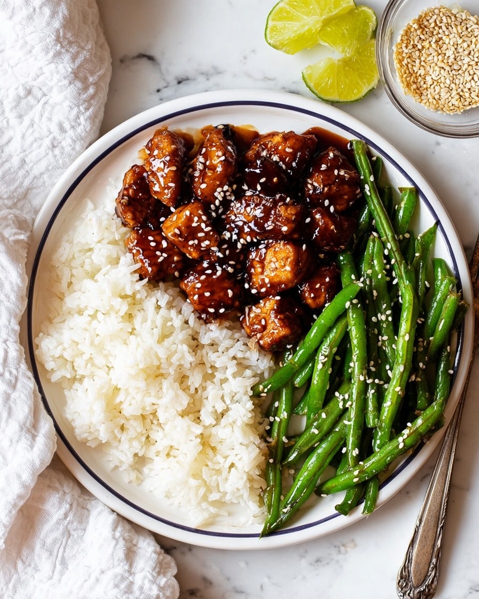 A white plate with three sections of food on a white marbled surface: on the left, a mound of fluffy white rice, in the center at the bottom, chunks of dark brown glazed chicken sprinkled with white sesame seeds, and on the right side, bright green steamed green beans also sprinkled with sesame seeds. The plate has a thin blue rim. Two lime halves rest near the top right corner, and a glass bowl of sesame seeds and a silver fork are visible at the bottom right. A white cloth is partially visible in the top left corner. photo taken with an iphone --ar 4:5 --v 7