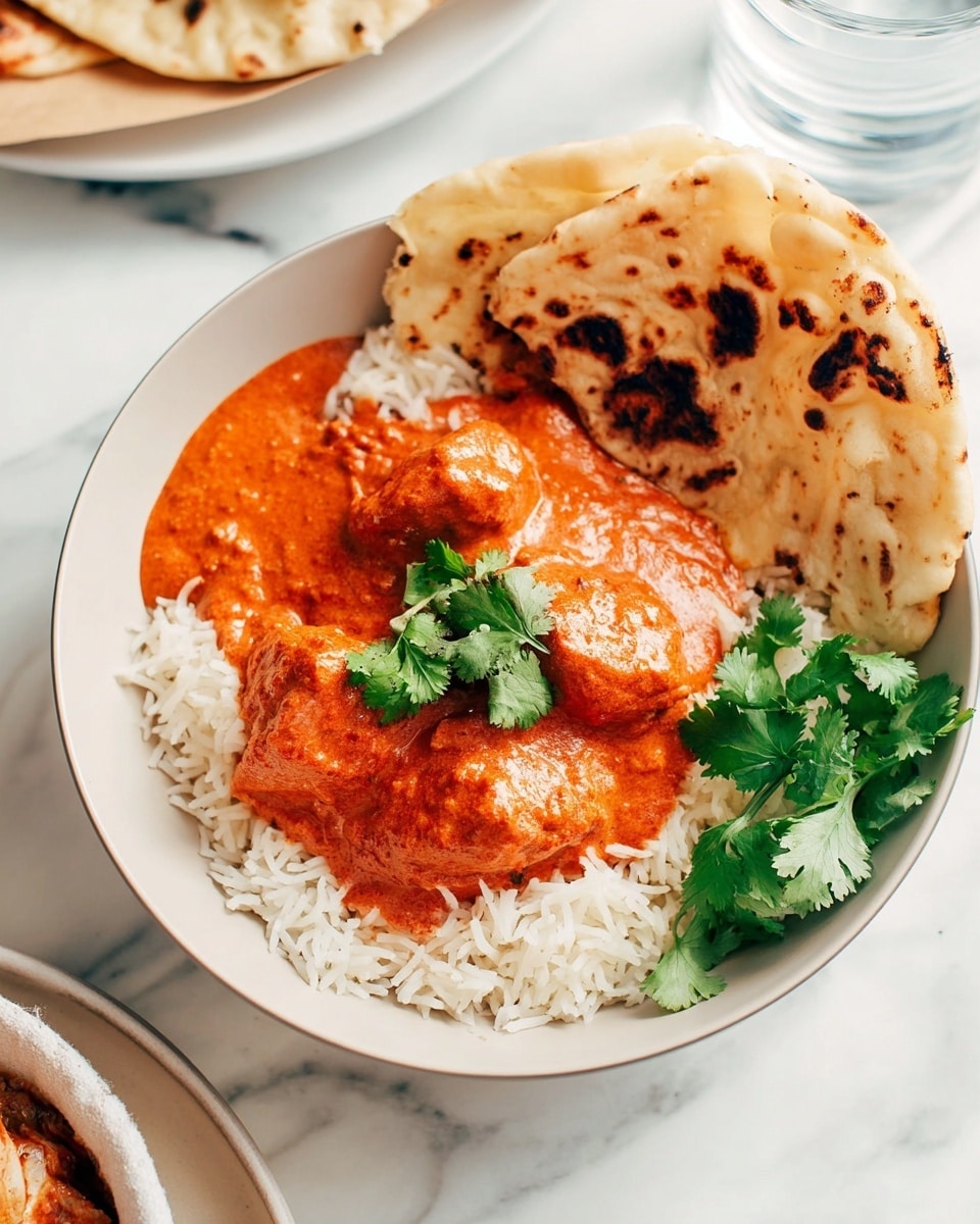 A white bowl filled with a layer of white rice at the bottom, topped with a thick orange-red sauce covering several chunks of meat. Two pieces of pita bread with browned spots are placed leaning against the rice, partially on the sauce side. A small sprig of fresh green cilantro is on the rice near the pita. The bowl sits on a white marbled surface, with a glimpse of another bowl partially visible at the top right and a small plate with green cilantro at the top left. Photo taken with an iphone --ar 4:5 --v 7