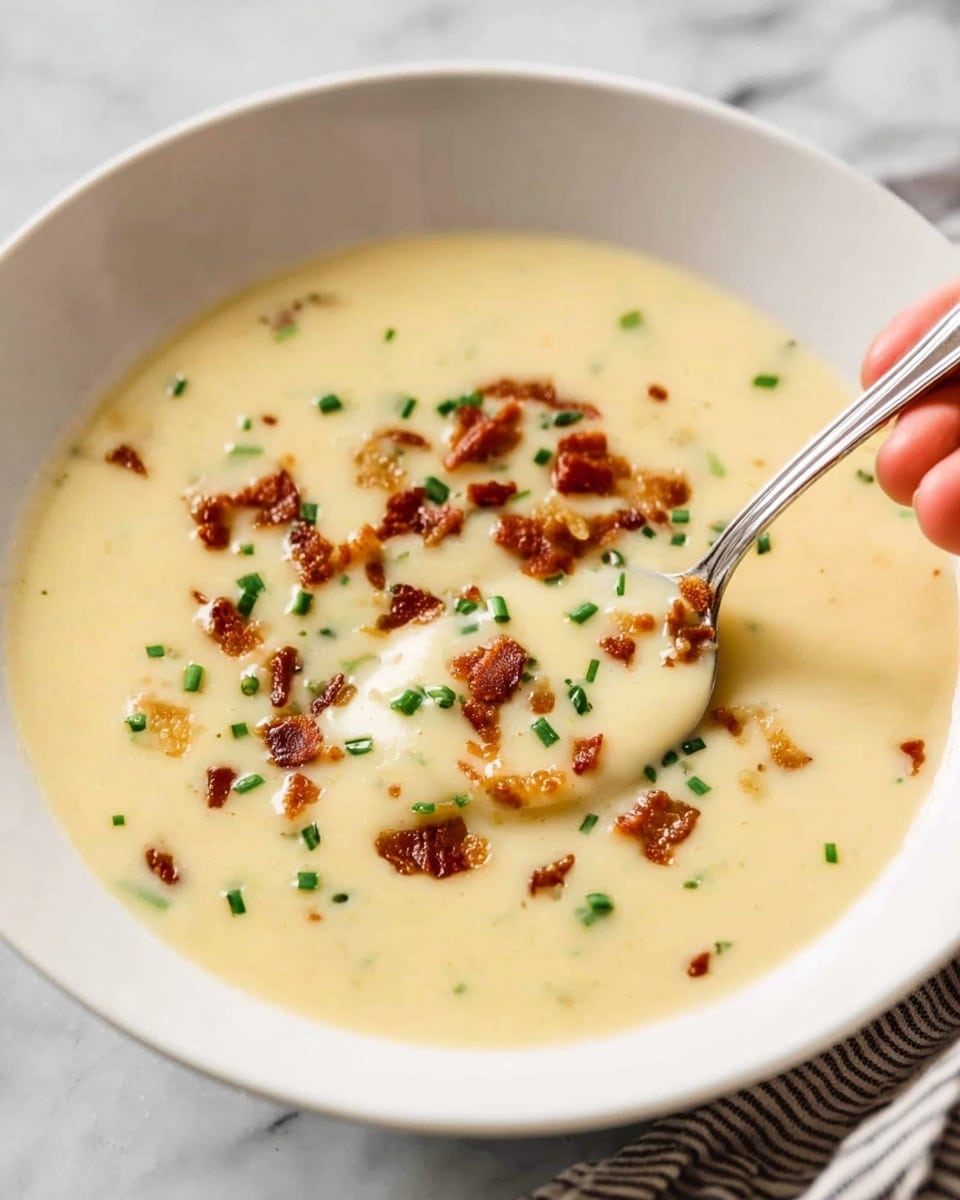 A white bowl filled with creamy, light beige soup, topped with small, crispy brown bacon bits and scattered bright green chive pieces, with a sprinkle of black pepper; a spoon scoops some soup near the edge, held by a woman's hand, with a soft white marbled surface in the background. photo taken with an iphone --ar 4:5 --v 7