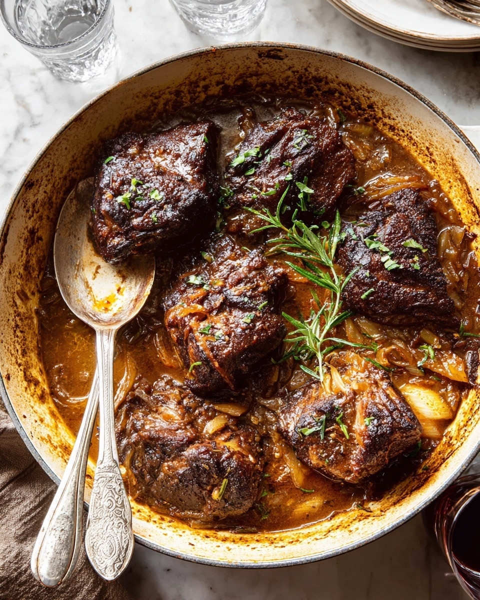 The image shows a large white pan filled with several pieces of dark brown seared meat sitting in a thick, rich brown sauce with visible cooked onions and small green herb leaves sprinkled on top. To the right, there is a white bowl with golden yellow roasted cauliflower pieces mixed with crispy green sage leaves. There is a silver fork picking up some of the cauliflower. In the top left corner, two clear glasses with textured patterns contain a light golden drink, all placed on a wooden surface. Photo taken with an iphone --ar 4:5 --v 7