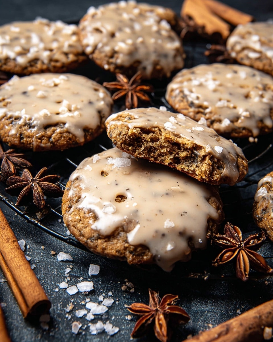 A close-up view of round, slightly thick brown cookies with a rough texture, covered by an uneven layer of light beige icing that has a slightly glossy finish and small visible specks. The cookies are arranged on a dark cooling rack on a dark surface, with a few cinnamon sticks and star anise placed beside them for decoration, resting on the same dark background. Small grains of white salt or sugar are scattered on the surface around the cookies and spices. photo taken with an iphone --ar 4:5 --v 7