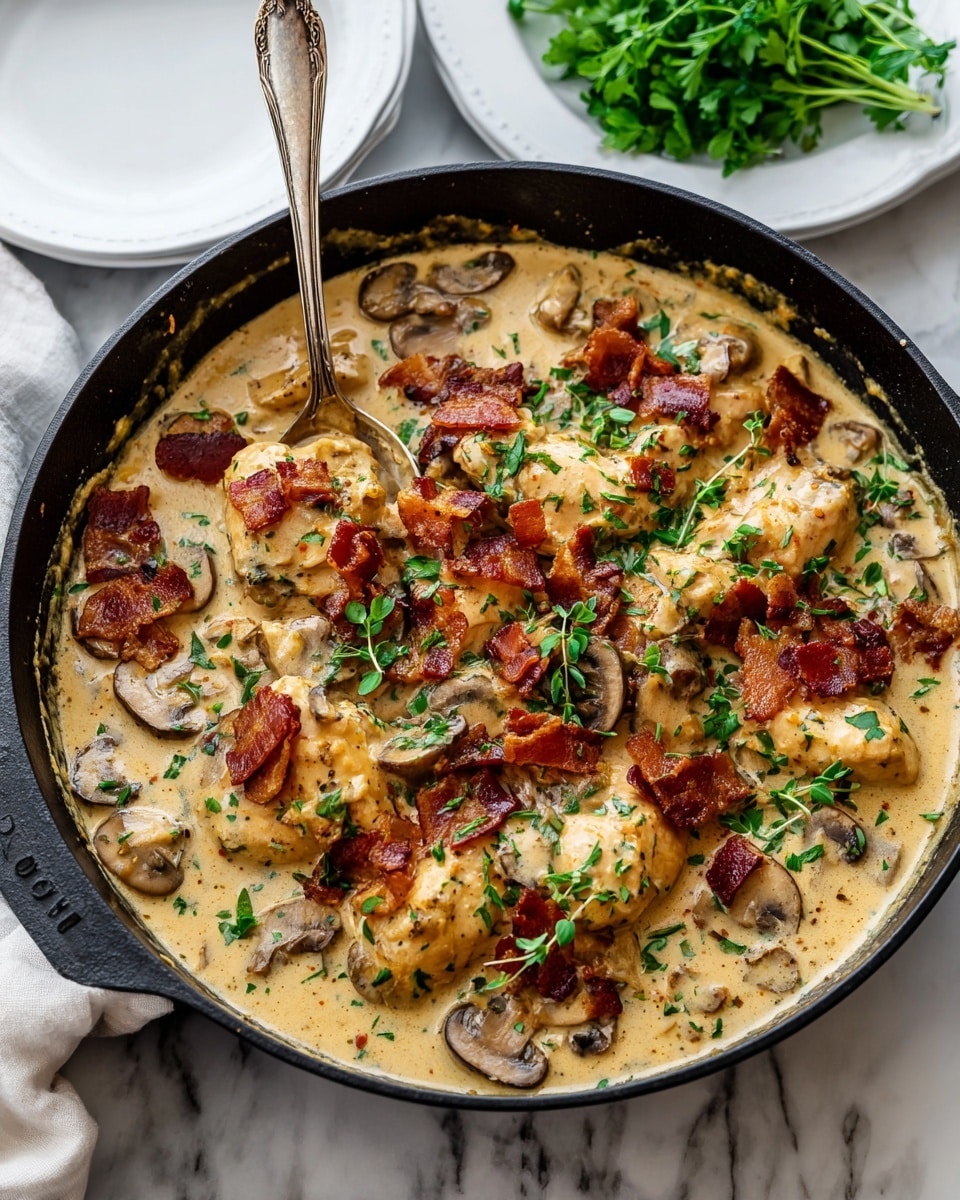 A black cast-iron pan filled with creamy light brown sauce with a smooth but slightly thick texture, mixed with soft mushroom slices that are golden brown and scattered throughout. On top, there are several crispy reddish-brown bacon pieces placed in an uneven pattern, adding a crunchy contrast. Small fresh green herb sprigs are sprinkled over the dish, adding a fresh touch. A silver spoon rests inside the pan, partially covered by the sauce. The pan sits on a white marbled surface with some green herbs nearby. Photo taken with an iphone --ar 4:5 --v 7