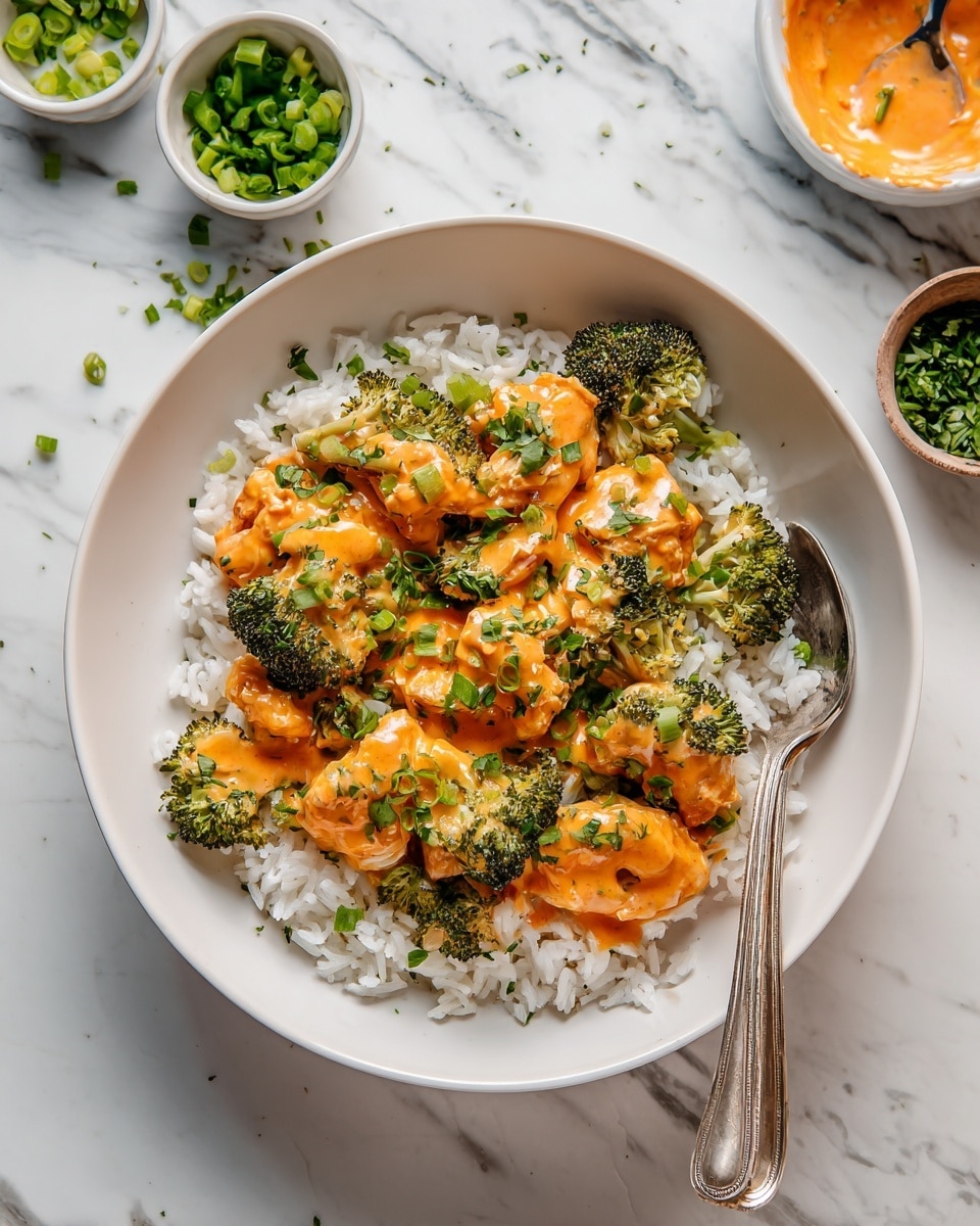 A white bowl filled with a base layer of white rice, topped with several pieces of orange creamy chicken curry scattered throughout the rice. The chicken is covered in a rich textured sauce with visible herbs. On top of the curry and rice, there is a generous sprinkle of bright green chopped scallions and fresh cilantro, adding a fresh contrast. A fork and spoon rest on the right side of the bowl, partially buried in the rice and curry. The bowl sits on a dark brown surface with a white and green striped cloth partially visible on the left side. Photo taken with an iphone --ar 4:5 --v 7