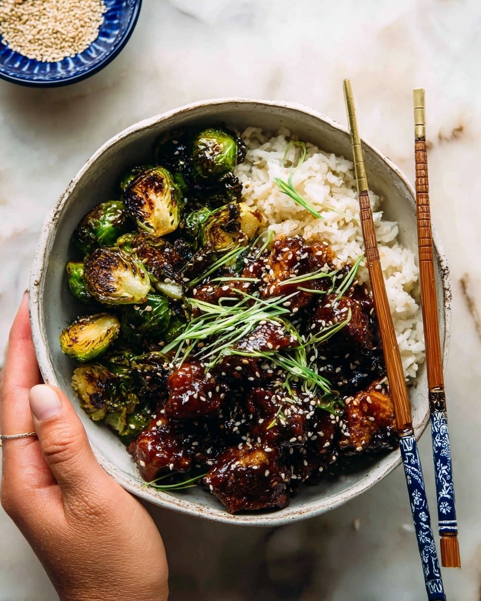 A white bowl filled with three layers: the bottom layer is fluffy white rice, the middle layer has roasted green Brussels sprouts with a charred texture on the left side, and the top layer shows glossy dark brown glazed chicken pieces sprinkled with white sesame seeds and thin green herb strips. Two wooden chopsticks with blue and white patterns rest on the right side of the bowl. A woman's hand is holding the bowl from the left side, and another woman's hand is holding the chopsticks on the right. The background shows a white marbled texture and a small blue and white bowl with sesame seeds at the top. Photo taken with an iphone --ar 4:5 --v 7