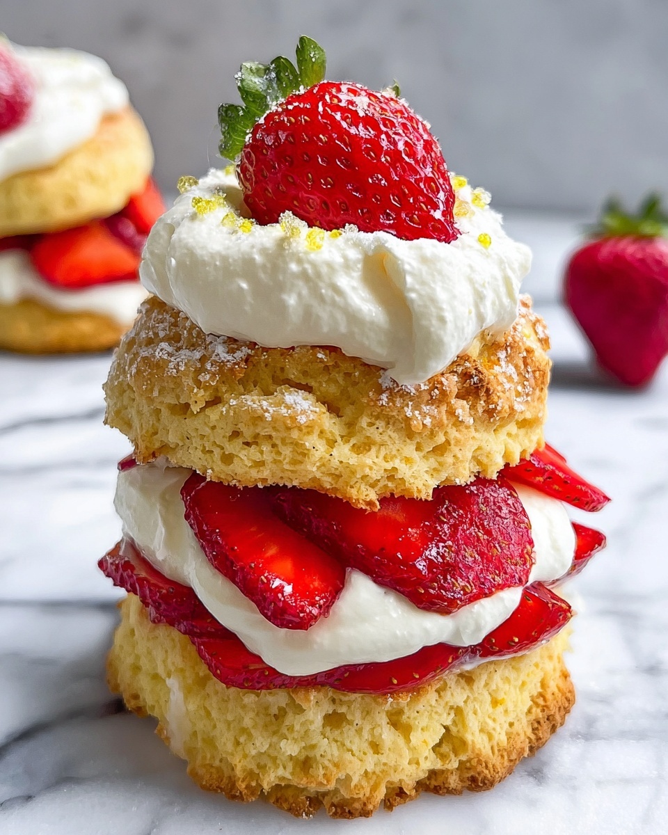 A tall dessert with three clear layers sits on a white marbled surface. The bottom layer is a golden-brown biscuit with a crumbly texture, slightly uneven on the edges. Next is a thick layer of bright red sliced strawberries arranged neatly, topped with a thick layer of white whipped cream that looks soft and fluffy. On top of that is another biscuit layer with a golden crust, sprinkled lightly with coarse sugar crystals glowing slightly. The final touch is a generous dollop of whipped cream crowned with a half strawberry, showing its juicy red inside and green leaves. Photo taken with an iphone --ar 4:5 --v 7
