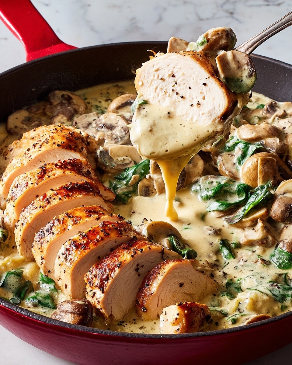 The image shows a red cast iron pan filled with sliced cooked chicken on one side, with golden brown edges and a light seasoning of black pepper visible on top. The chicken sits in a thick creamy sauce that coats mushrooms, small round light green vegetables, and wilted green spinach leaves. A spoon lifts a slice of chicken covered in the sauce, which drips slightly, showing the rich texture. The pan sits on a white marbled surface with the background fading softly out of focus. Photo taken with an iphone --ar 4:5 --v 7