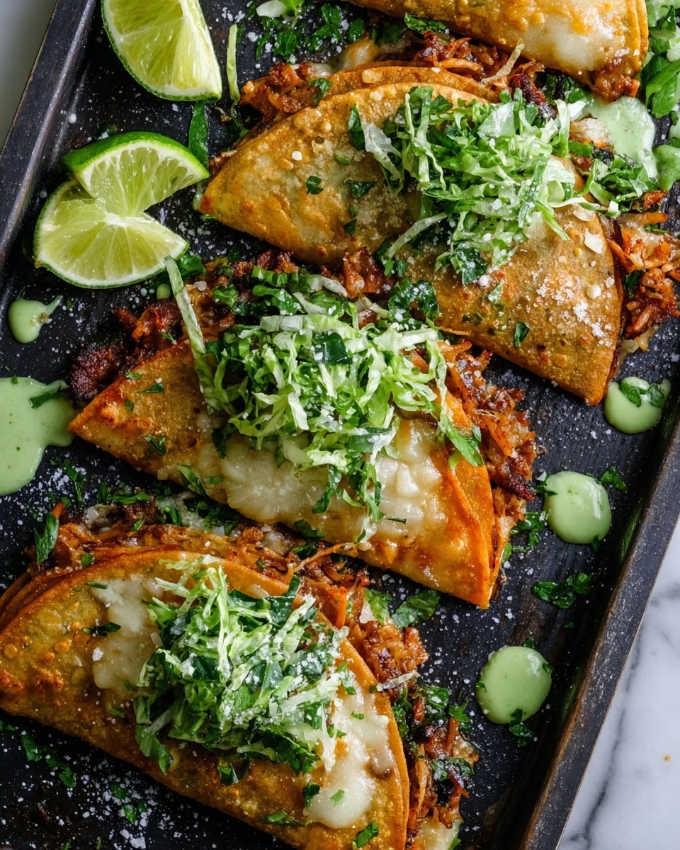 Three golden brown, folded tacos with a crispy texture are filled with a cooked mixture of melted cheese, chopped green herbs, and small bits of a browned main ingredient. The tacos are topped with a light green sauce drizzled over shredded leafy greens, sprinkled with coarse salt. They rest on a dark tray, surrounded by small lime wedges and extra green sauce drops. The whole scene is set on a white marbled surface. photo taken with an iphone --ar 4:5 --v 7
