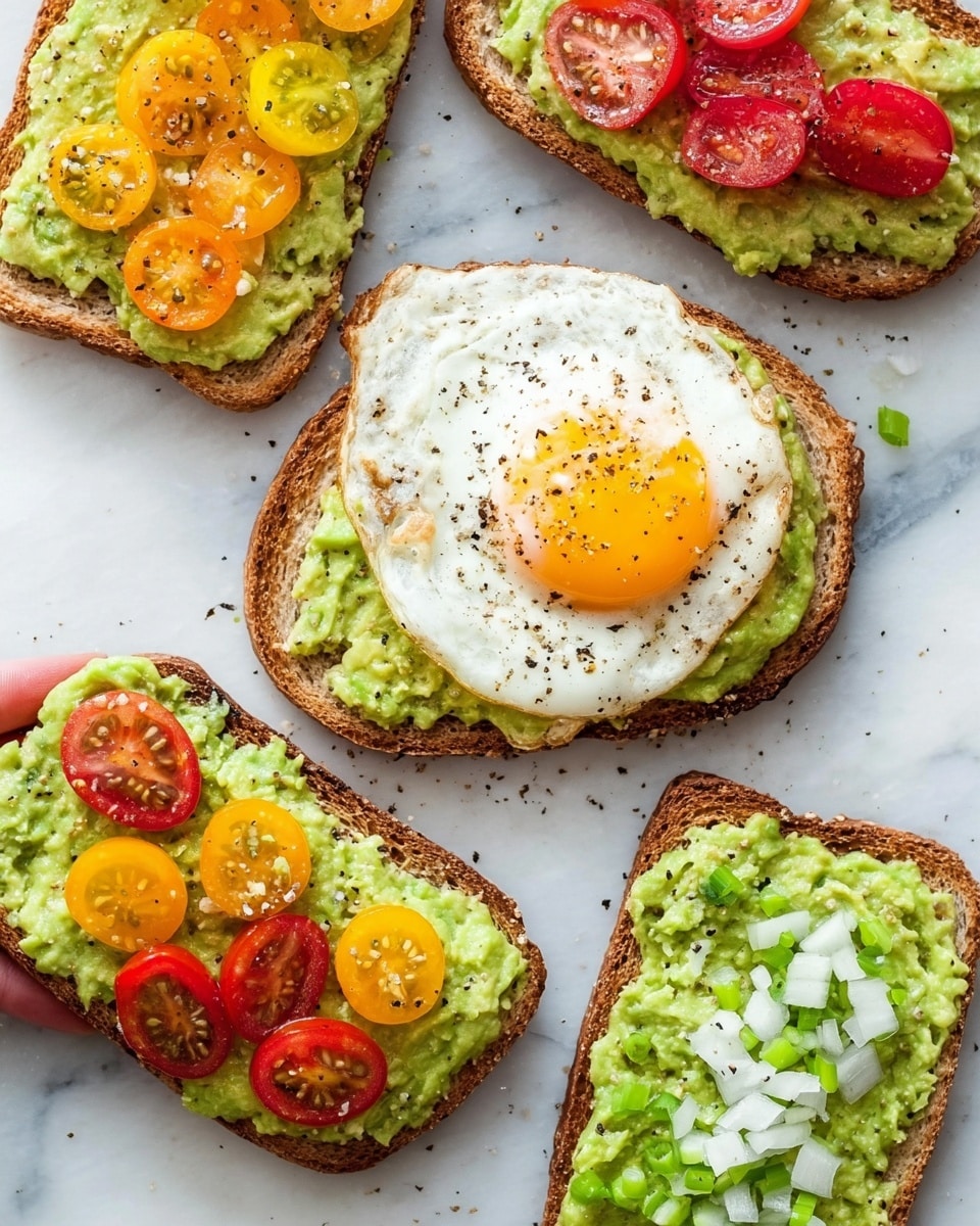 The image shows four slices of toasted brown bread on a white marbled surface, each topped with a layer of green mashed avocado spread. One slice is topped with a sunny-side-up fried egg with a bright yellow yolk, sprinkled with black pepper, centered on the avocado layer. Another slice has colorful halved cherry tomatoes in red, yellow, and orange placed on the avocado. A third slice is topped with small white onion pieces and green scallion slices sprinkled over the avocado. The fourth slice also has avocado spread, with a woman's hand partially visible holding the toast from the left side. Photo taken with an iphone --ar 4:5 --v 7
