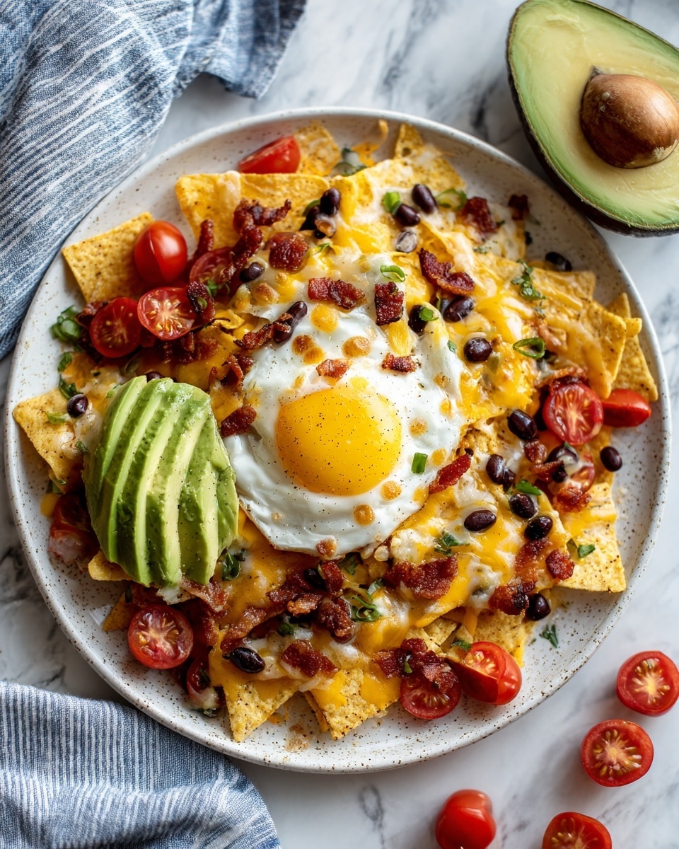A white speckled plate filled with two layers of light yellow tortilla chips, melted yellow cheddar cheese dripping over chips in many spots, scattered black beans and small pieces of crispy bacon. On top, a bright sunny fried egg with a warm yellow yolk in the center. Slices of green avocado and halved red cherry tomatoes with seeds inside surround the chips. A woman's hand holds one chip dipped in melted cheese and topped with a slice of red tomato. The dish sits on a white marbled surface with a blue and white striped cloth nearby and a halved avocado next to the plate. A small white bowl with chunky red salsa is also visible. Photo taken with an iphone --ar 4:5 --v 7