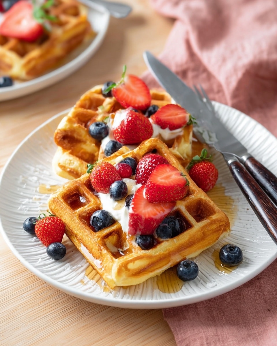 The image shows three golden brown waffles stacked slightly overlapping on a large white plate with a textured pattern. Each waffle has a crispy grid surface with a warm color tone. On top of the waffles, there are scattered fresh strawberries cut into halves and quarters, along with whole blueberries that add pops of red and dark blue. A dollop of white cream sits on the center waffle, surrounded by more berries. Some syrup glistens on the waffle edges and pools slightly on the plate. A knife and fork rest on the top waffle. In the background, there is another white plate holding a single waffle, with a whole strawberry nearby, all placed on a light wooden table with a soft pink cloth partly visible underneath. photo taken with an iphone --ar 4:5 --v 7