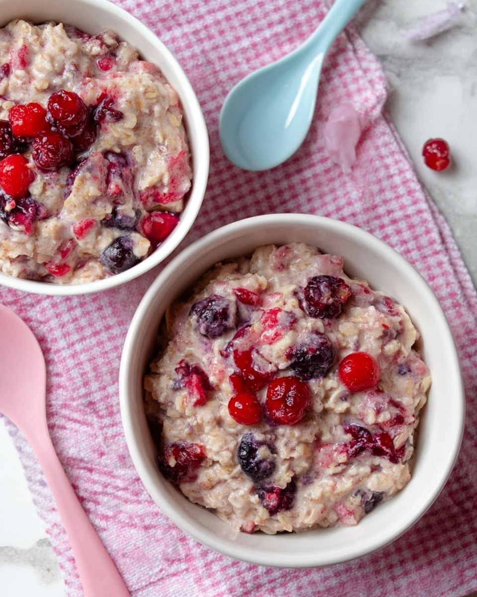 Two white bowls are filled with creamy oatmeal mixed with small berries. Each bowl has a soft, thick oatmeal layer with bits of red and dark purple berries spread throughout. On top of the oatmeal in both bowls are a few whole berries in red and purple, adding bright color. The bowls sit on a pink and white checkered cloth on a white marbled surface. To the side of each bowl is a pastel spoon, one blue and one pink. The image is bright and fresh, showing the soft texture of the oatmeal and juicy berries clearly. photo taken with an iphone --ar 4:5 --v 7