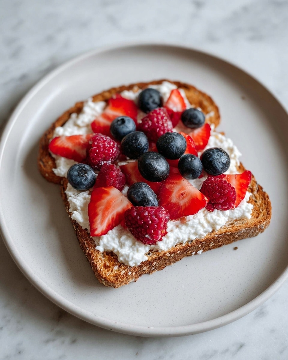 The image shows a single slice of toasted brown bread on a white plate with a white marbled surface underneath. The toast has a thick layer of white cottage cheese spread evenly across it. On top, there is a colorful mix of fresh berries, including whole blueberries, whole raspberries, and small pieces of strawberries, scattered randomly. The berries add vibrant red and blue colors that contrast with the white cheese and brown toast. Photo taken with an iphone --ar 4:5 --v 7