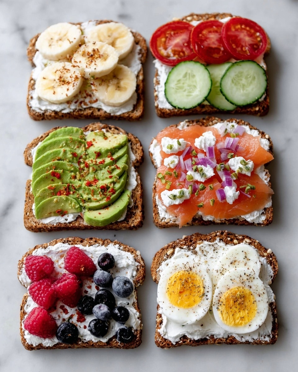 The image shows six slices of whole grain toast on a white marbled surface, each with a layer of white cottage cheese spread evenly on top. The top left toast is topped with round light yellow banana slices and a light brown sprinkle. The top right toast has cucumber slices and halved cherry tomatoes layered neatly with some white dollops visible. The middle left toast shows green avocado slices sprinkled with red pepper flakes. The middle right toast features smoked salmon with red onion slices and small green capers. The bottom left toast has mixed berries including red raspberries, red strawberries, and dark blue blueberries. The bottom right toast is topped with slices of a hard-boiled egg sprinkled with black pepper. Photo taken with an iphone --ar 4:5 --v 7