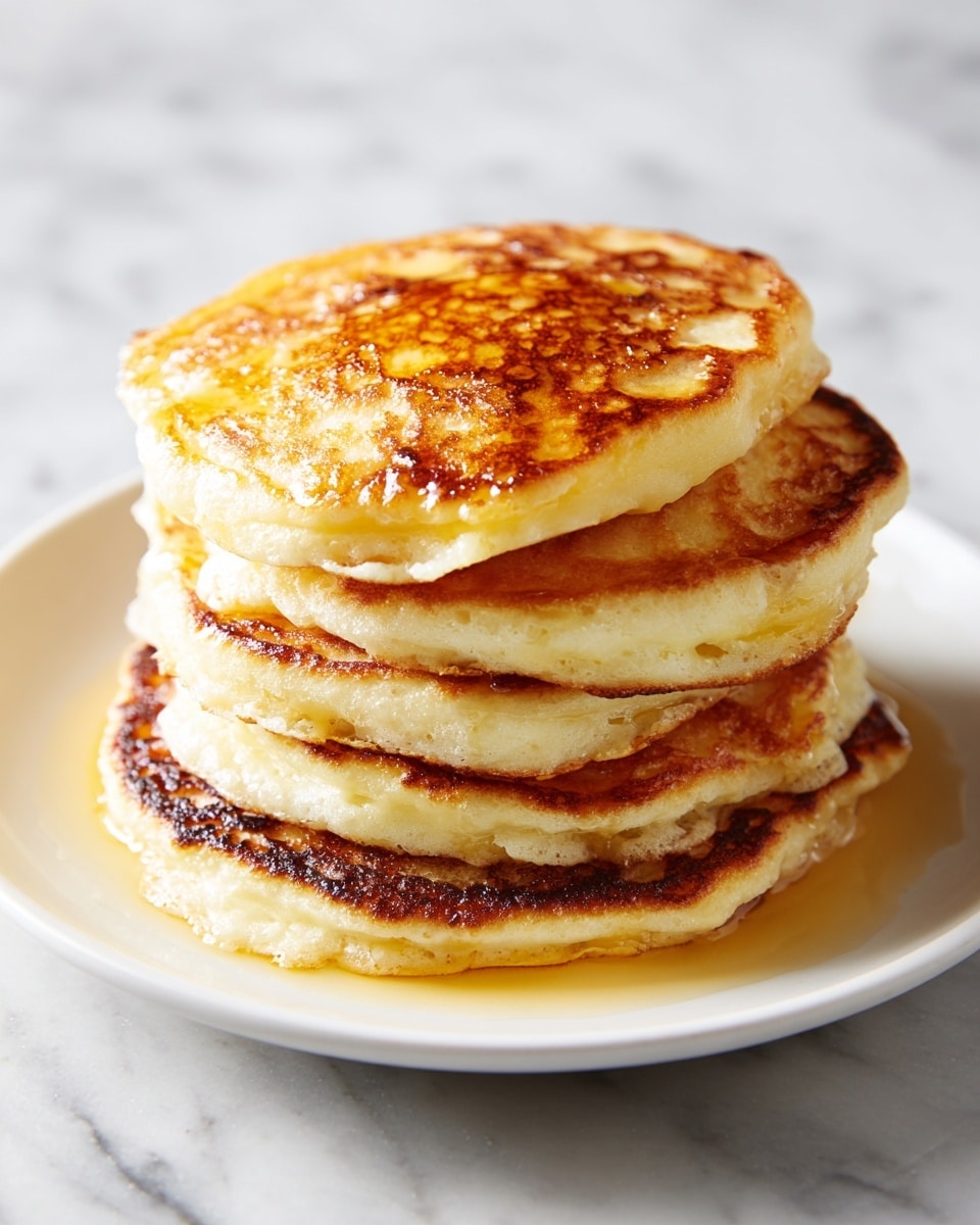 A stack of five golden-brown pancakes with a slightly uneven, crispy texture on the edges sits in the center of a white plate. The top pancake is glistening with melted butter, showing shiny, glossy spots. A woman's hand holds a fork cutting into the top pancake, revealing a soft, light yellow inside. Another fork is placed under the stack from the bottom, lifting it slightly. The plate rests on a white marbled surface with a soft background, keeping focus on the warm pancakes. photo taken with an iphone --ar 4:5 --v 7