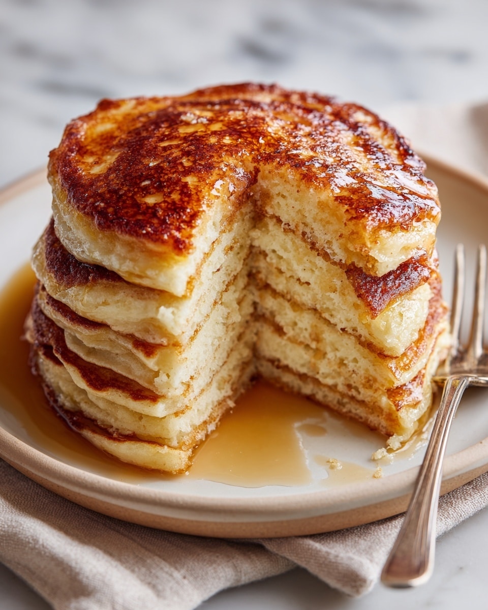 A stack of six golden-brown pancakes sits in the center of a white plate with a slight beige rim. The pancakes have textured, airy sides with a slightly darker, caramelized top showing a shiny layer of melted butter. A slice is cut from the stack, revealing soft, fluffy layers inside. A fork, stuck into the cut piece, leans to the left side of the plate, while a white-handled knife rests on the right edge. The plate is placed on a white marbled surface with a folded beige cloth nearby. photo taken with an iphone --ar 4:5 --v 7